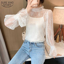 Summer Shirt Long Sleeve Lace Shirt Stand-collar Mesh Shirt Hollow See Through Shirt with Sling Lace Shirt Petal Sleeve 13401 2024 - buy cheap