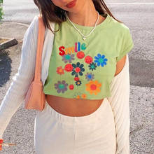 Floral Print Crop Tops Summer Streetwear O-Neck Short Sleeve T-Shirts Casual Women Slim Basic Baby Tees 2024 - buy cheap