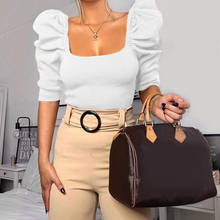 Vintage Puff Sleeve Women Blouse Square Neck Korean Style Tops Elegant Sexy White Black Slim Crop Blouse Women 2024 - buy cheap