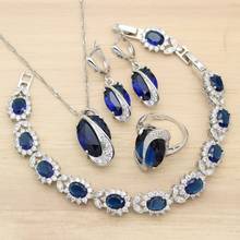 Clássico nupcial 925 conjuntos de jóias de prata para o casamento feminino brincos de cristal azul pingente colar anel pulseira presente aniversário 2024 - compre barato