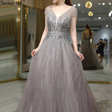 Serene Hill Grey A-Line V-Neck Evening Dresses 2021 Dubai Short Sleeves Beading Sexy Formal Dress LA70532 2024 - buy cheap