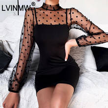 LVINMW Sexy Polka Dot Mesh See Through Patchwork Bodycon Dress Mock Neck Back Hollow Out Long Sleeve Mini Dresses Party Club 2024 - buy cheap