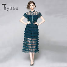 Trytree 2020 Summer Woman Casual Dress Stand Collar Butterfly Sleeve Solid A-line Lace Fashion Temperament Elegant Cake Dress 2024 - buy cheap