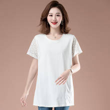Causal solid summer women t-shirt Office lady o-neck hollow out lace short sleeve top loose fashion cotton stretch long tops 2024 - buy cheap