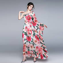 Designer Runway Summer Boho Maxi Loose Dress Oversized Women Ruffles Chiffon Flower Print One Shoulder Holiday Beach Vestidos 2024 - buy cheap