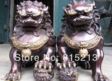 bi00727 11"Chinese Red Bronze Copper Evil talisman Fu Foo Dogs Door Lion Pair Statue 2024 - buy cheap