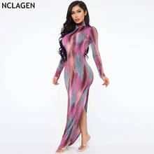 NCLAGEN 2020 весеннее офисное женское сексуальное цветное платье в пол с длинным рукавом, с разрезом, обтягивающие, вечерние, клубная одежда 2024 - купить недорого