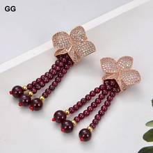 GuaiGuai Jewelry 2.4" Natural Garnet CZ Pave Flower Earrings 2024 - buy cheap