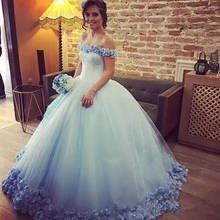 Vestido de baile de quinceañera azul, sin hombros, flores de tul hinchadas, tren de barrido largo, dulce 16, fiesta de graduación, vestidos de noche, 2020 2024 - compra barato