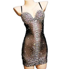 Роскошные женские черные сетчатые платья со сверкающими бриллиантами и жемчугом, облегающие тянущиеся прозрачные мини-платья, костюмы для бара и ночного клуба 2024 - купить недорого