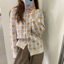 Vintage Jacquard Crew Neck Sweater Cardigan Women Spring Autumn Korean Loose Knitted Jacket Elegant Floral Tops Casual Outerwear 2024 - buy cheap