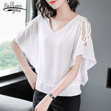 Fashion Woman Blouses 2020 Summer New Chiffon Blouse Solid V-neck Tops Plus Size Butterfly White Clothes Blusas 9178 50 2024 - buy cheap