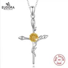 Eudora 925 Sterling Silver Yellow daisy sunflower Cross Pendant Necklaces Fine Jewelry for women girls Romantic best Gift D566 2024 - buy cheap