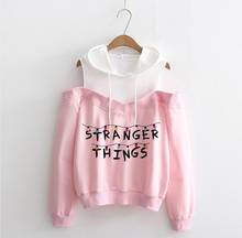 Moletom com capuz stranger things, com ombro de fora, mulher, blusão de algodão kawaii, de grandes dimensões, harajuku streetwear 2024 - compre barato