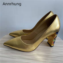 Zapatos de vestir de cuero auténtico para mujer, calzado Sexy dorado con tacón de pezuña de cristal iridiscente, puntiagudos con diamantes de imitación, tacón alto delgado 2024 - compra barato