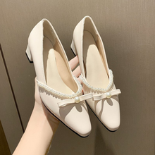 Elegant Womens Pumps Fashion Pearl Bow Tie Decoration Pointed Toe Square Heel High Heels Slip On Party Dress Shoes Zapatos Mujer 2024 - buy cheap