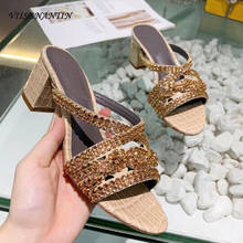 Rhinestone Straps Chunky Heel Slippers Bling Bling Open Toe Block Heels Mules Sandal Summer 2020 Real Leather Shoe Sapatos 2024 - buy cheap