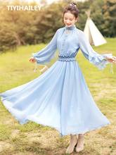 TIYIHAILEY Free Shipping 2022 New Boshow Women Long Maxi Long Lantern Sleeve Autumn S-L Chiffon Big Hem Ruffles Blue Dresses 2024 - buy cheap