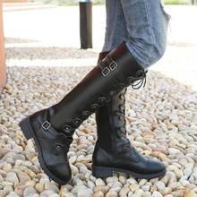 Boots Fashion Women Winter Leather Gothic Vintage Style Retro Punk Buckle Boots Knee-high Cross-tied Square Heel Drop Shipping 2024 - buy cheap