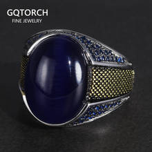 Anéis em prata s925 para homens, anéis de peru com olhos de tigre azul natural, pedra, prata 925 2024 - compre barato
