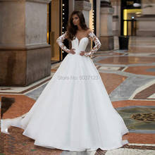 Satin Ball Gown Wedding Dresses Sweetheart Long Sleeves Lace Appliques Button Illusion Floor Length Bridal Gown Custom Made 2024 - buy cheap