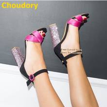 Choudory-Sandalias de tacón grueso con lentejuelas brillantes para mujer, zapatos de talla grande, color negro, púrpura, fucsia 2024 - compra barato