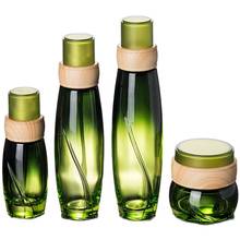 10PCS Wooden Design Emerald Green Glass Cream Bottle Jar 50g Glass Cosmetic Container Emulsion Lotion Pump Bottle 40ml 100ml 2024 - buy cheap