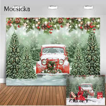 Fondo de fotografía de bosque de pino, coche rojo, invierno, nieve, bosque, estudio fotográfico, árboles de Navidad, decoración de campanas 2024 - compra barato