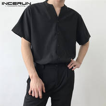 Incerun camisa masculina de manga curta, camisa com gola em v e botão, de cor sólida, casual, estilo coreano, 2021 2024 - compre barato