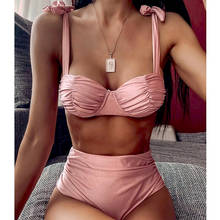 Women Lace-up Strap Bow High Waist Thong Bikini Set Swimsuit 2020 New Pink Padded Push-up Bra Bathing Suit Swimwear 2024 - buy cheap