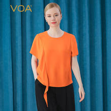 VOA Silk 30m/m Heavy Orange Round Neck Asymmetric Ruffled Stitching Creative Short Sleeve Straight T-shirt Women tshirt BE386 2024 - buy cheap