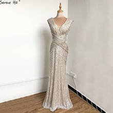 Dubai Champagne Mermaid Sleeveless Evening Dress 2021 V-neck Sparkle Sexy Formal Dress Serene Hill LA70337 2024 - buy cheap