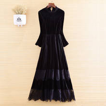 High-end spring Velvet Stitching Lace Muslim Dress Ethnic Style Retro Elegant Slim O-neck Long Sleeve Party Dress S-XL 2024 - buy cheap