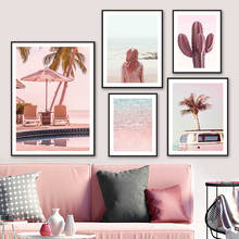 Cor-de-rosa cactus palm plant mar praia van menina pintura da parede lona cartaz nórdico e impressões fotos de parede para sala estar decoração 2024 - compre barato