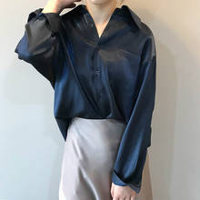 Spring Shirt Women Dark Blue Loose Casual Thin Sheer Satin Shirt Long Sleeve Vintage Ladies Top Feminine Blouses Retro Female 2024 - buy cheap