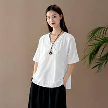 Summer 2020 new cotton and linen women's Retro button shirt V-neck solid color top Short Sleeve Shirt 2024 - buy cheap