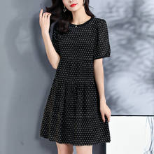 100% Natural Real Silk Women Summer Dresses Elegant Fashion O-neck Short Sleeve Casual Black Printed Office Lady A-line Dress 2024 - buy cheap
