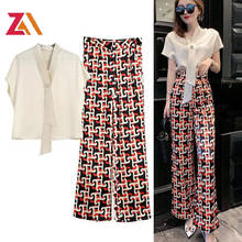 ZALady Summer Casual Blouses And Pants Vintage Printed Elegant Short Sleeve Pullover Two Piece Set Women Top And Pants Suit Wear 2024 - buy cheap