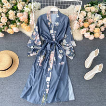 Женское кимоно с цветочным принтом, длинная рубашка в этно-стиле с V-образным вырезом и павлином, Свободный кардиган на завязках с поясом, 2021 2024 - купить недорого
