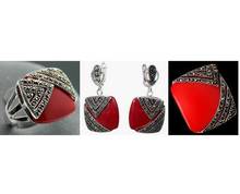Noble Red Coral Carved Lacquer Marcasite 925 Sterling Silver Square Ring(#6-9) Earrings & Pandent jewelry sets 2024 - buy cheap