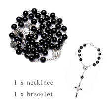 Jóias religiosas 2 pçs/set Jesus Virgem Maria Do Rosário Católico Contas Pretas Cruzar Colar Pulseira Conjunto 2024 - compre barato