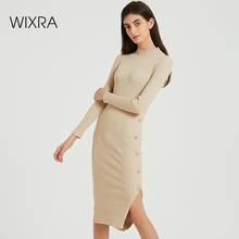 Wixra-vestido de punto hasta la rodilla, prenda elegante con abertura y botones, ajustada, de manga larga, color liso, para Otoño e Invierno 2024 - compra barato