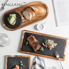 KINGLANG Solid wood snack tray wooden tray black SLATE plate acacia wood wrapped plate western Japanese food plate 2024 - buy cheap