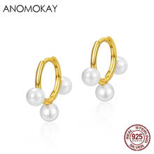 Anomokay Classic Three Freshwater Pearls Round Gold Color Earrings for Women 100% 925 Sterling Silver Earring for Daily Casual 2024 - buy cheap