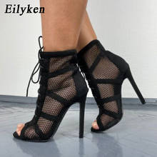 Eilyken Fashion Black Net Fabric Cross-tied Sandals 2022 Summer Lace Up Peep Toe High Heels Ankle Strap Hollow Out Woman Shoes 2024 - buy cheap