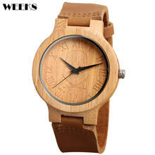 Relojes de madera de bambú Natural para hombre, pulsera de cuarzo con números romanos, Pirata tallado, con calavera grabada 2024 - compra barato