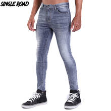 Single Road Super Skinny Jeans Men 2019 Mens Grey Biker Jeans Man Streetwear Stretch Denim Pants Elastic Waist Slim Fit Brand 2024 - buy cheap