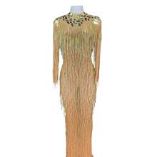 Vestido brilhante de lantejoulas e ouro, vestido longo de casamento à noite, para mulheres, sem costas, transparente, franjas, sexy, singer, vestido de baile, bodycon 2024 - compre barato
