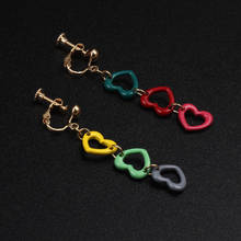 Clip On Earrings Dangle Three Colorful Heart Drop Earings Non Pierced Gold Color Long Clip Earring Dangling Fashion For Women 2024 - buy cheap