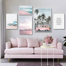 Póster Escandinavo de paisaje oceánico, lienzo de estilo nórdico de playa y autobús rosa, arte de pared impreso, pintura, imágenes decorativas, decoración del hogar 2024 - compra barato